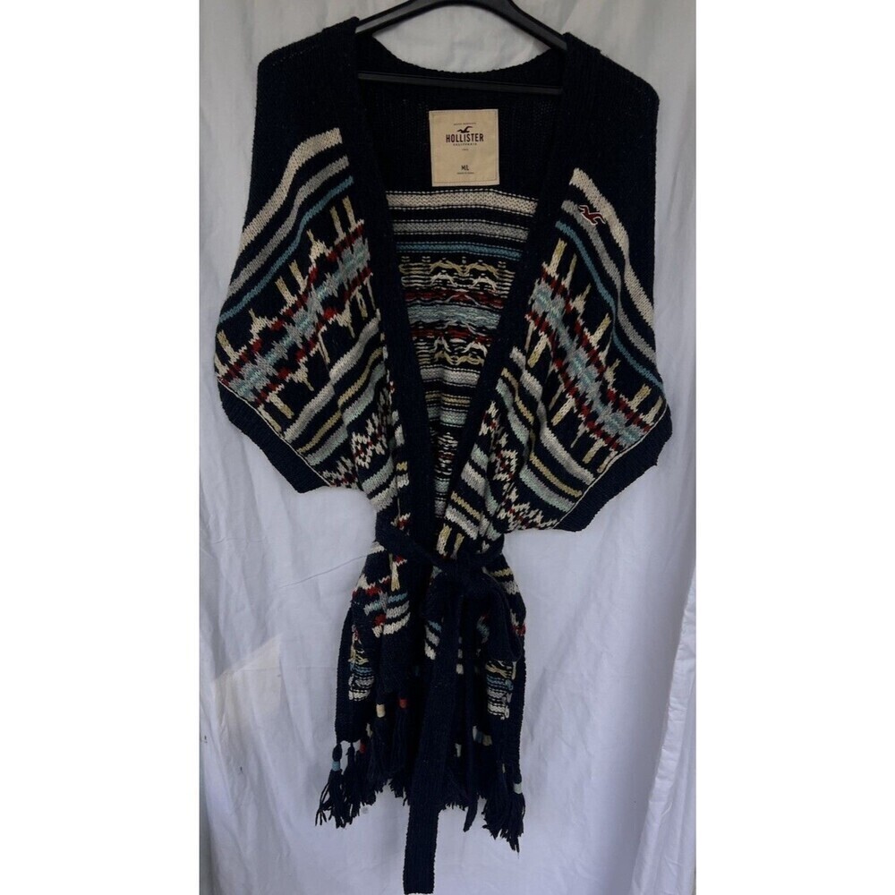 Hollister Navy Tribal Southwestern Belted Cardigan Vest Aztec Boho Western M/L